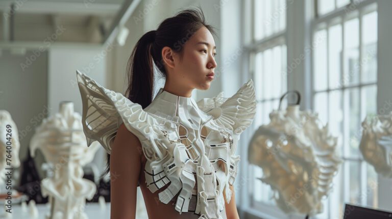 3D printing in fashion design. A charming model in clothes printed on a 3D printer